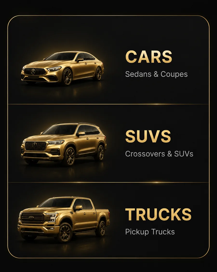 Vehicle categories for cars, SUVs, and trucks